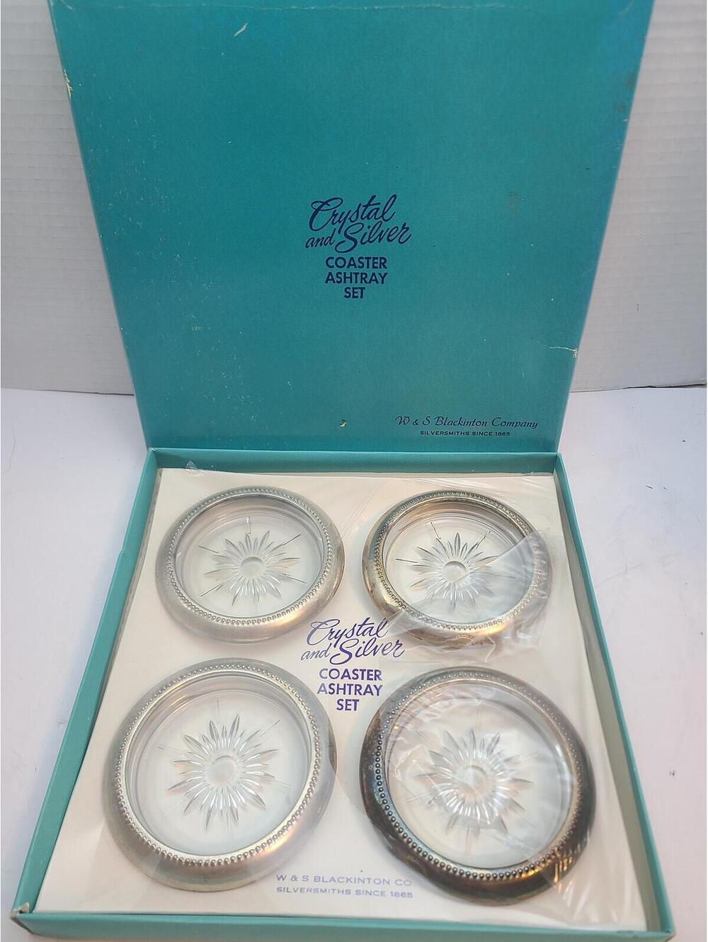 W & S Blackinton Silversmith Crystal & Silver Coaster Ashtray Set Vintage NOS